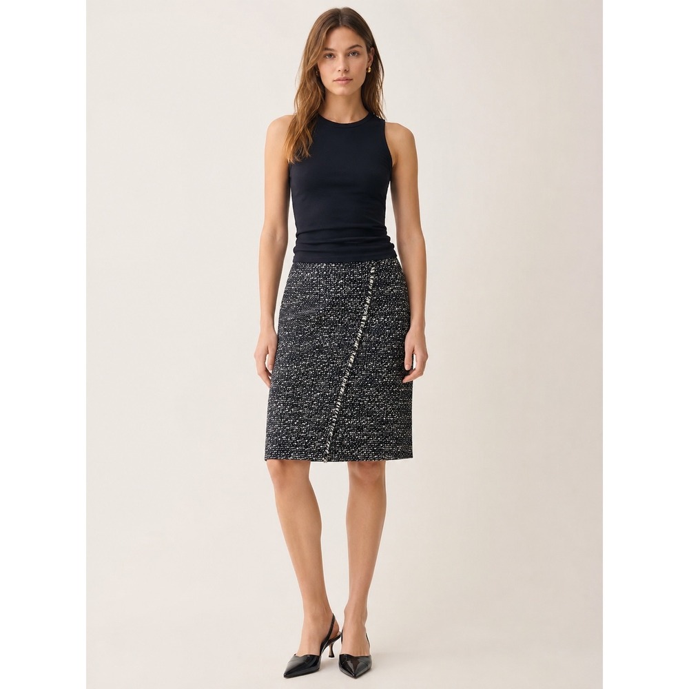 J.Crew Womens Tweed Pencil Skirt Size 2 Navy Blue Metallic Fringe Office Career